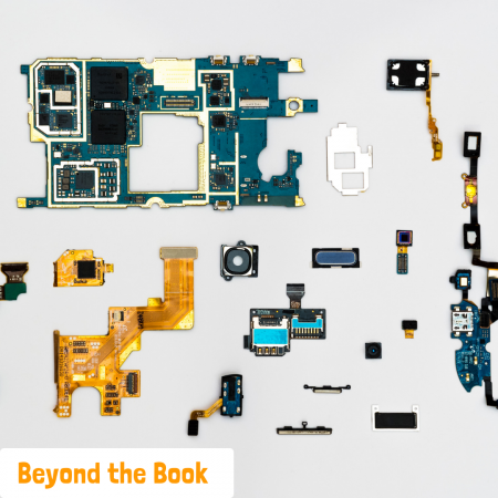 Disassembled electronic components and circuit boards lay arranged on a white background. The text "Beyond the Book" is in the bottom left corner.