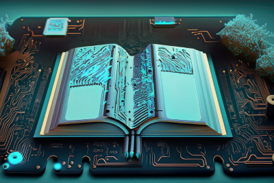 A fantastical open book incorporating circuit boards.