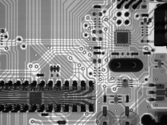 Black and white image of a computer chip