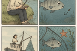 A single illustration consisting of four squares depicting fishing.