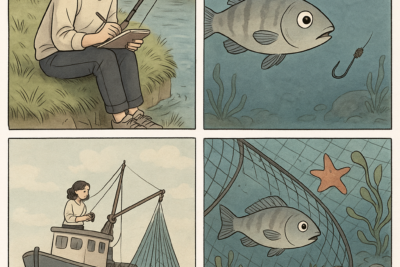 A single illustration consisting of four squares depicting fishing.