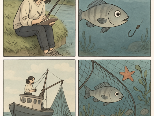 A single illustration consisting of four squares depicting fishing.