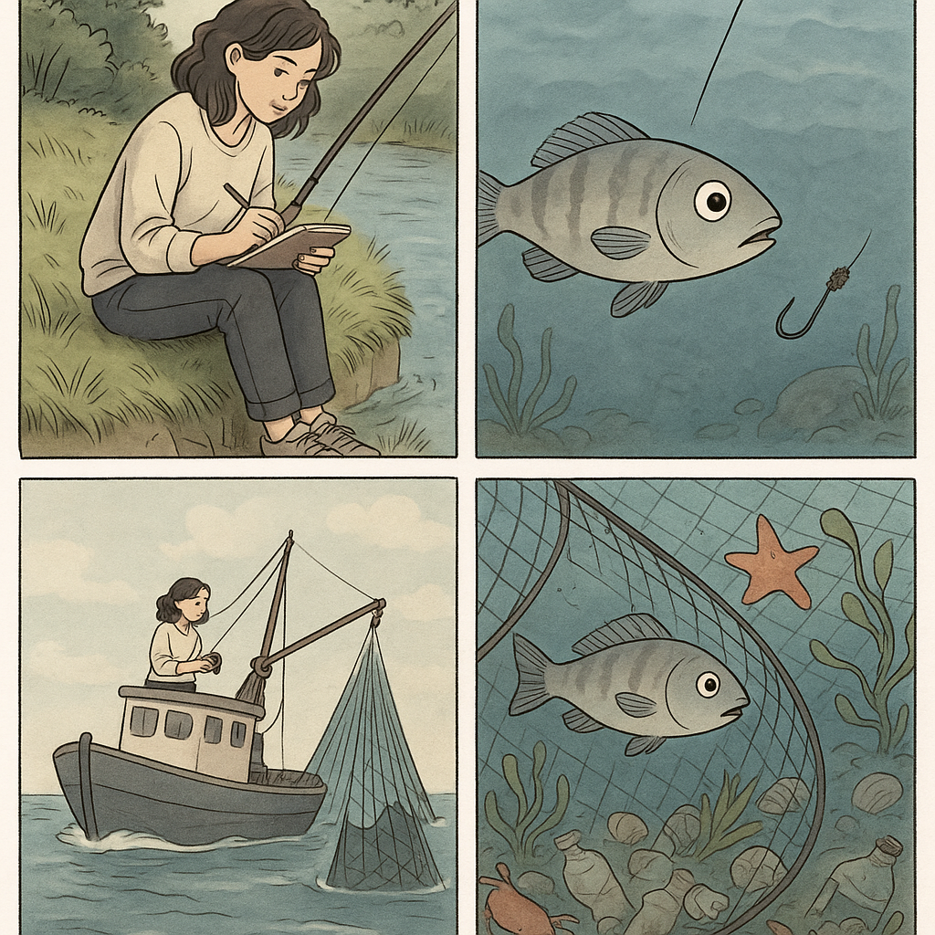 A single illustration consisting of four squares depicting fishing.