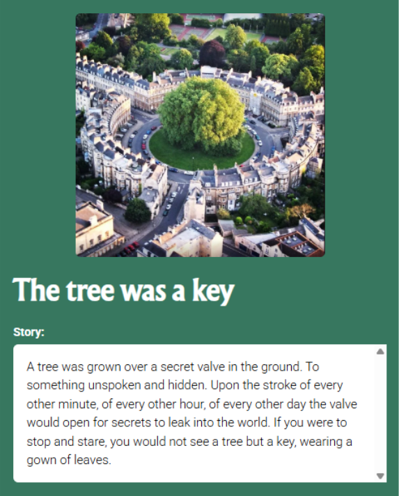 A tree encircled by old buildings and a road with cars. A text box reads: The tree was a key. A tree was grown over a secret valve in the ground. To something unspoken and hidden. Upon the stroke of every other minute, of every other hour, of every other day the valve would open for secrets to leak into the world. If you were to stop and stare, you would not see a tree, but a key, wearing a down of leaves.